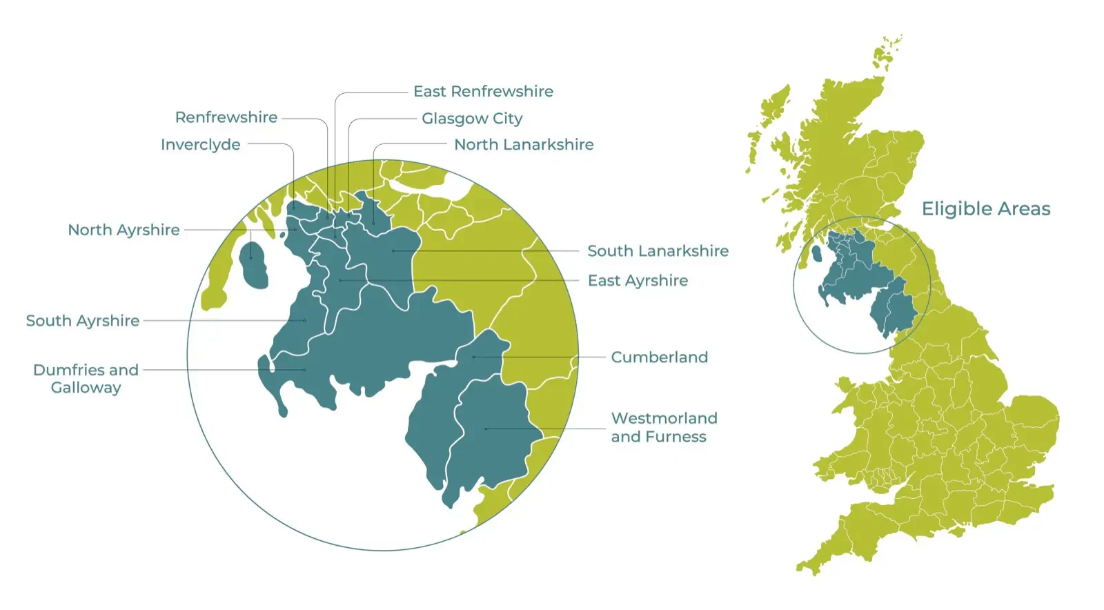 Map highlighting the Digital Dairy Chain eligible areas across south-west Scotland and Cumbria